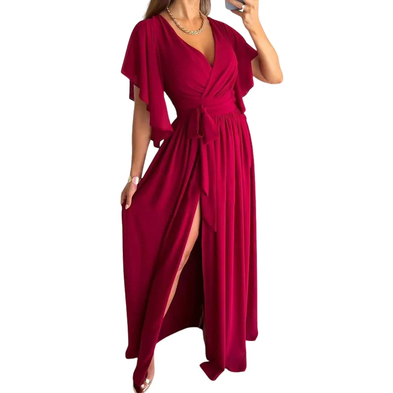 Robe longue fluide à manches courtes avec décolleté en V et taille ceinturée - Image 4