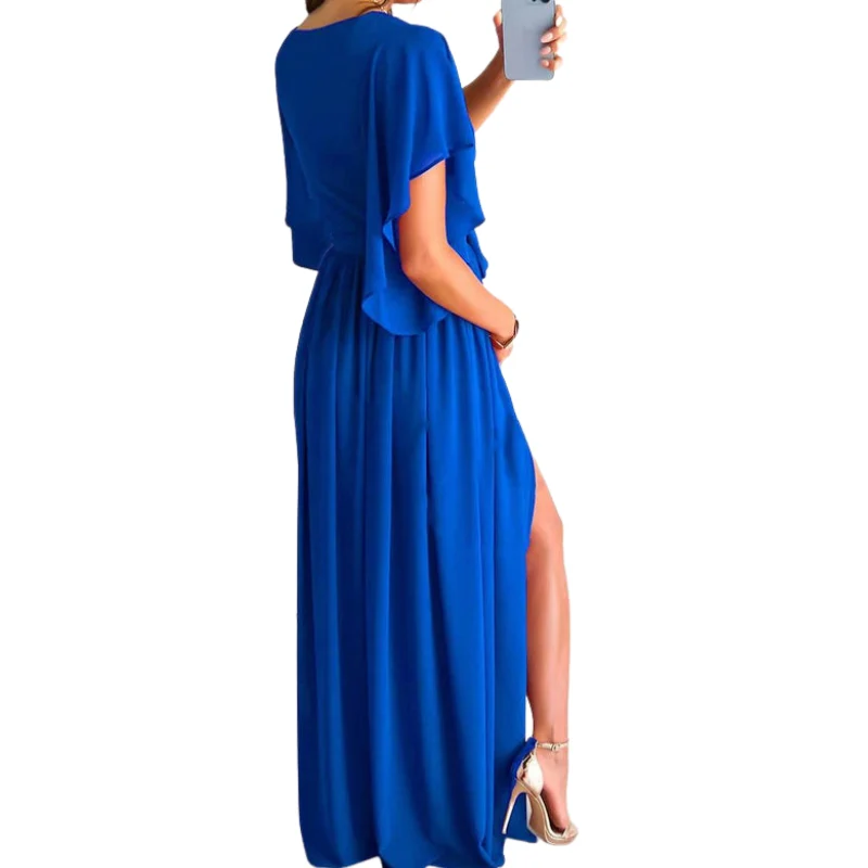 Robe longue fluide à manches courtes avec décolleté en V et taille ceinturée - Image 6