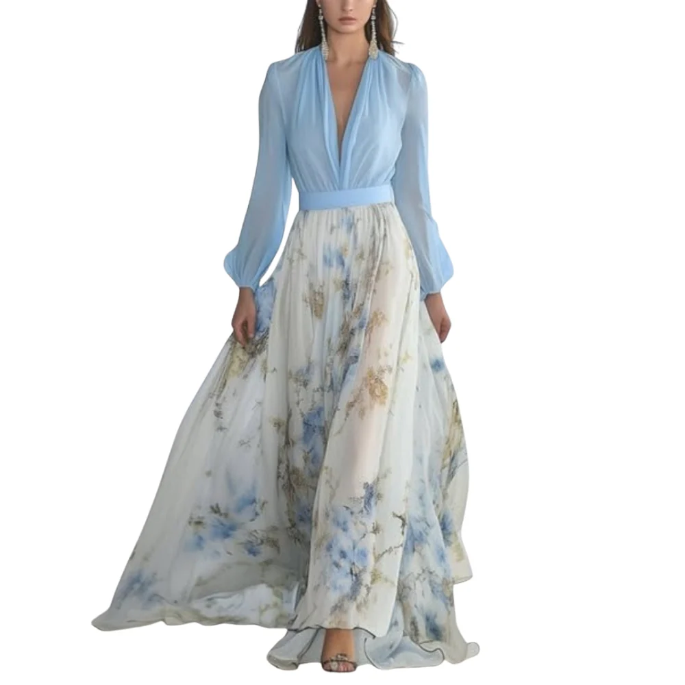Robe longue à imprimé floral avec col en V et manches longues