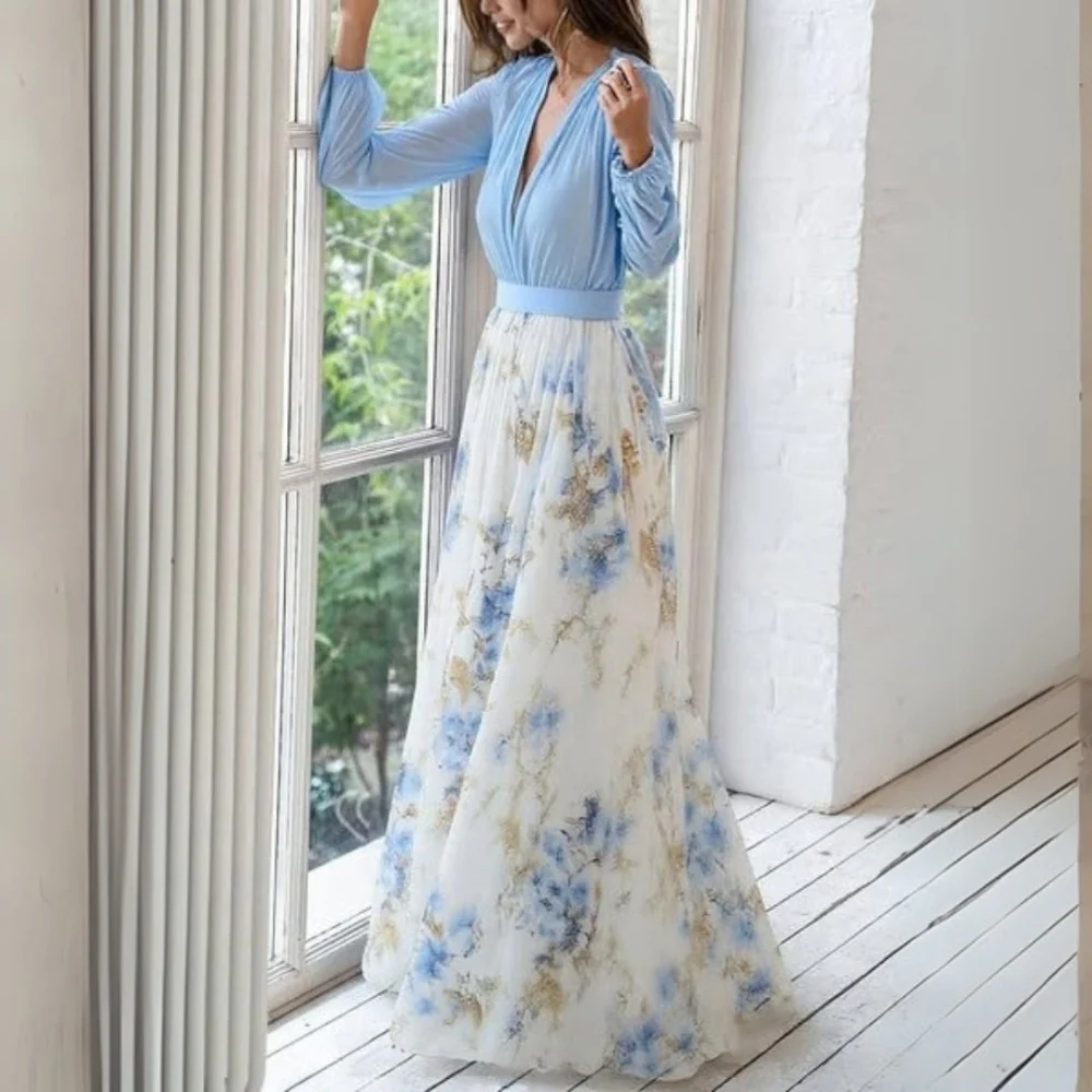 Robe longue à imprimé floral avec col en V et manches longues - Image 3