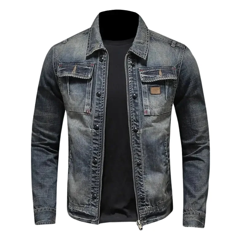 Veste en denim à manches longues avec fermeture éclair et boutons