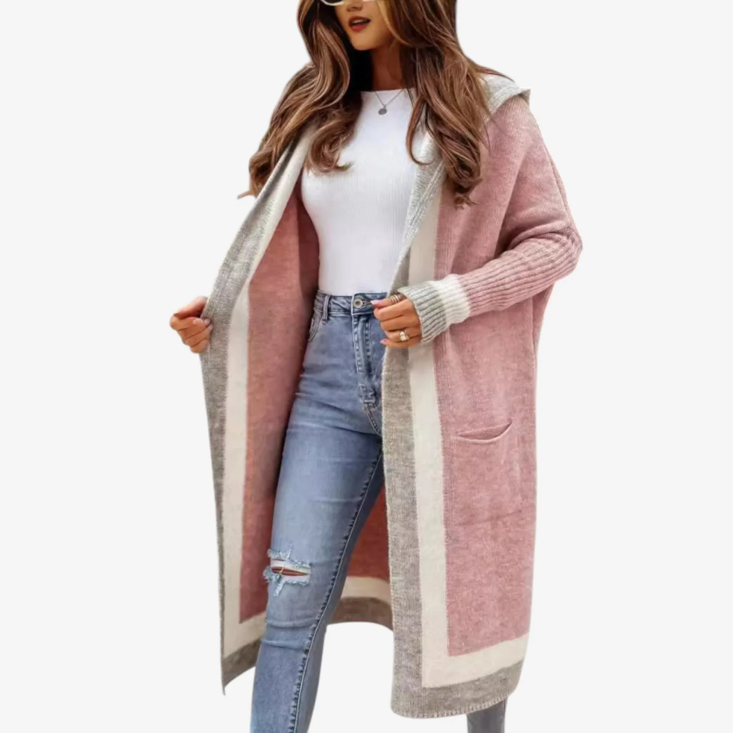 Cardigan femme à capuche ouvert manches longues