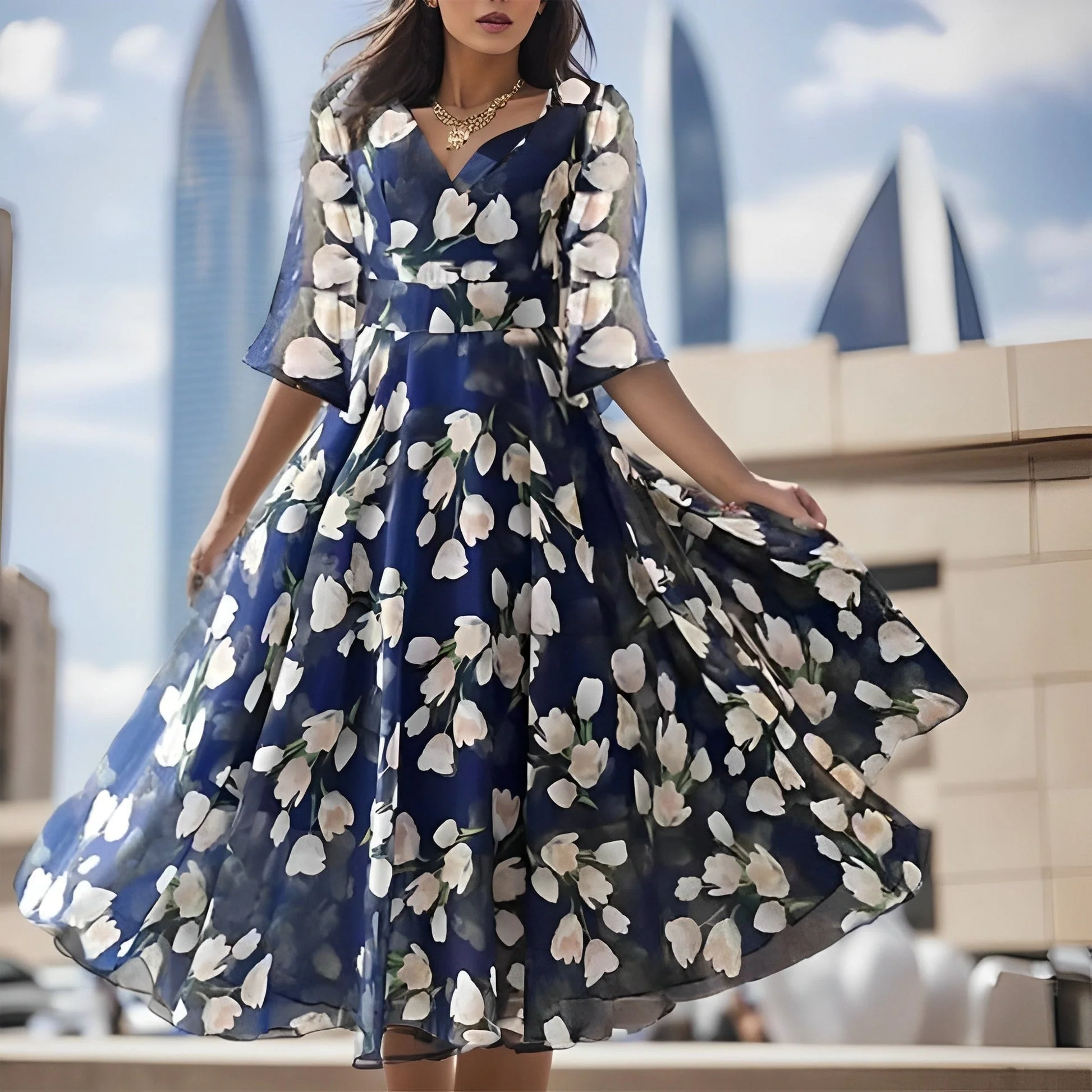 Dahlia - Robe midi plissée imprimé floral Encolure en V, silhouette fluide - Image 2