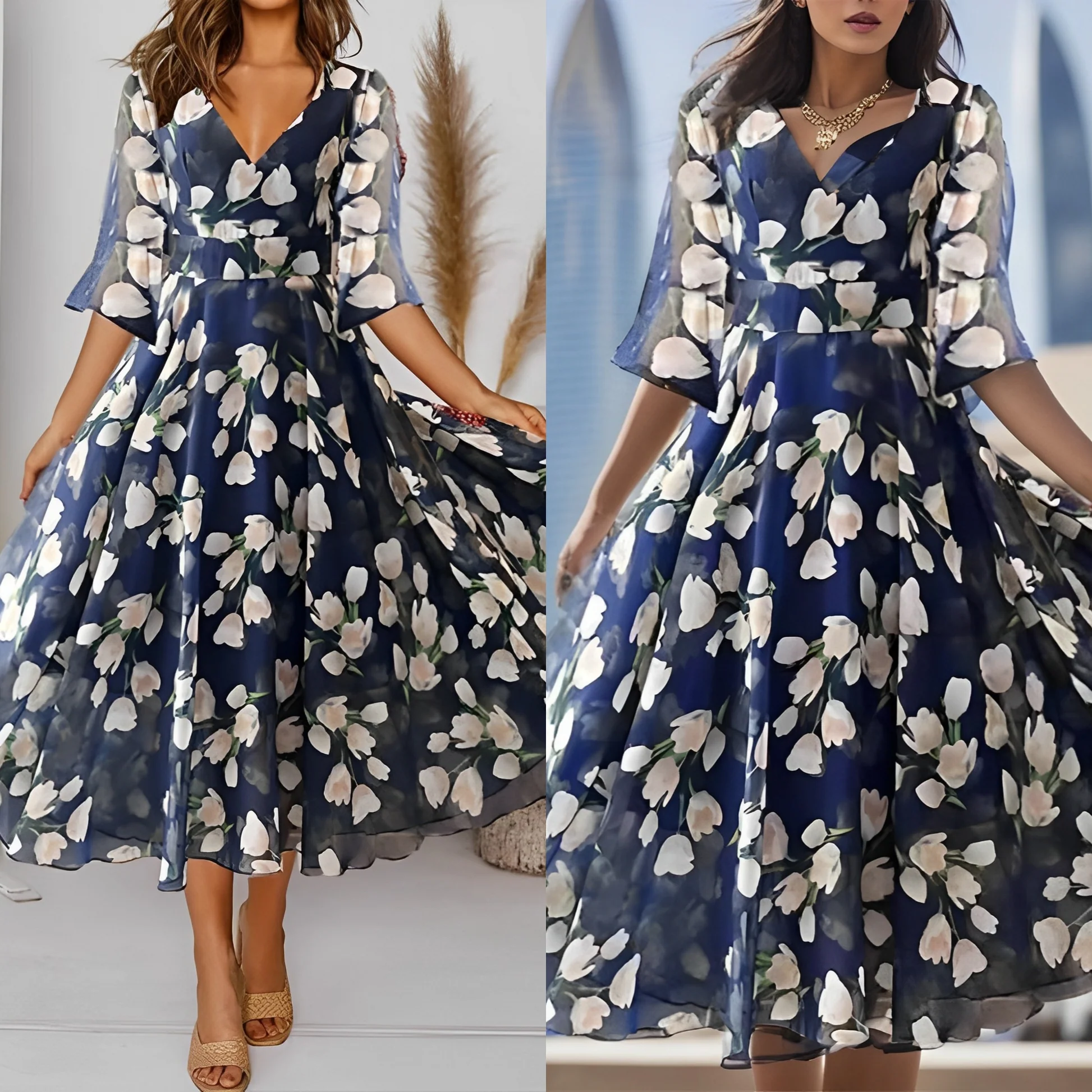 Dahlia - Robe midi plissée imprimé floral Encolure en V, silhouette fluide - Image 3
