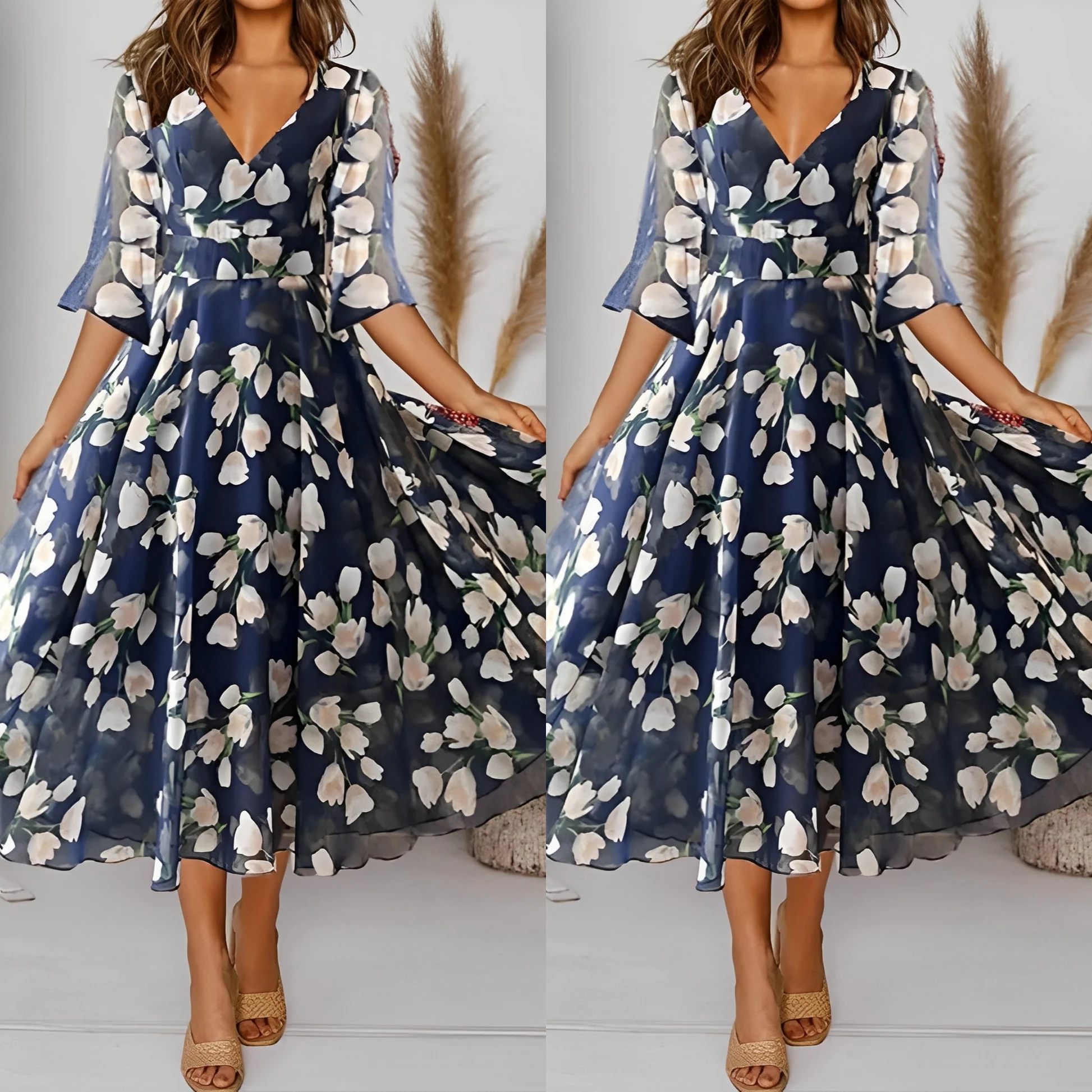 Dahlia - Robe midi plissée imprimé floral Encolure en V, silhouette fluide - Image 4