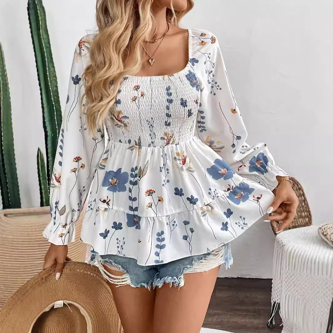Robe Fleurie Élégante à Encolure Carrée et Manches Longues