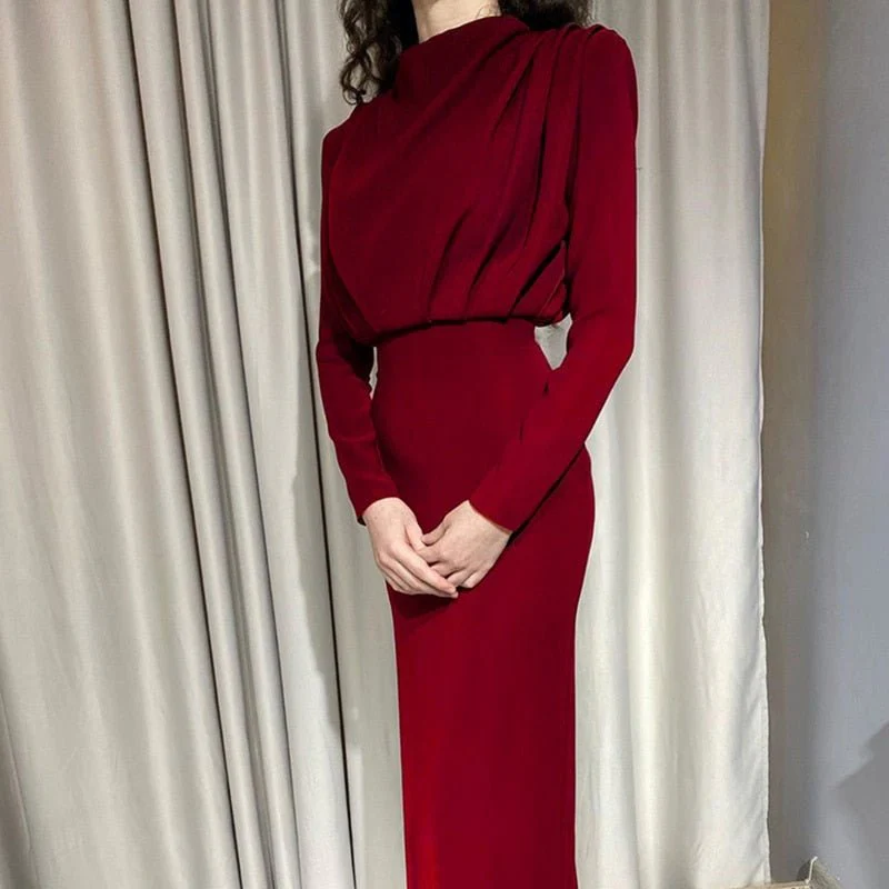 Robe midi femme col montant drapé avec manches longues - Image 2