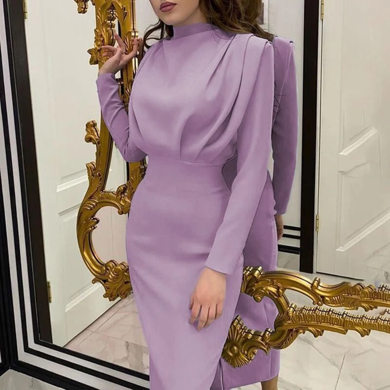 Robe midi femme col montant drapé avec manches longues - Image 3