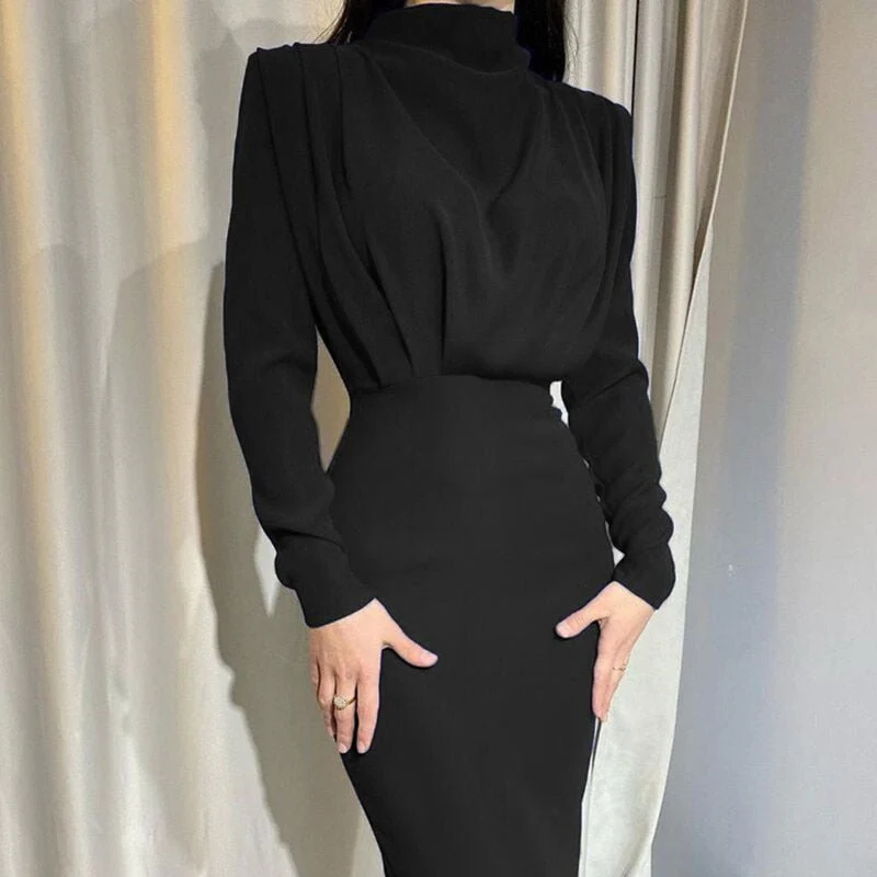 Robe midi femme col montant drapé avec manches longues - Image 6