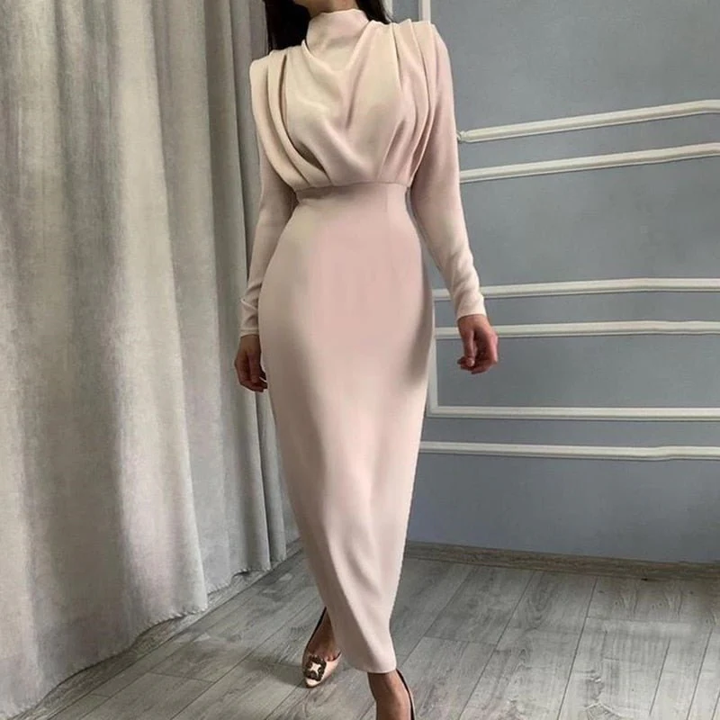 Robe midi femme col montant drapé avec manches longues - Image 7