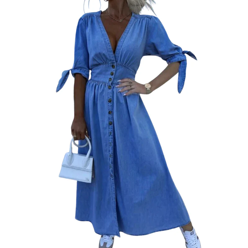 Robe longue A-ligne à col en V avec taille haute à lacets