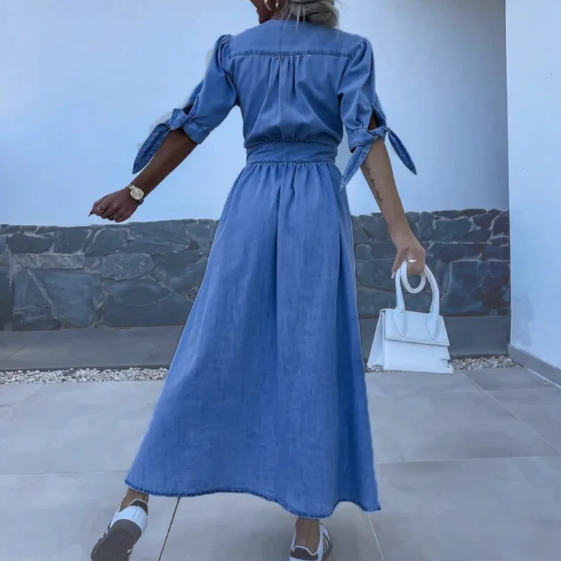 Robe longue A-ligne à col en V avec taille haute à lacets - Image 2