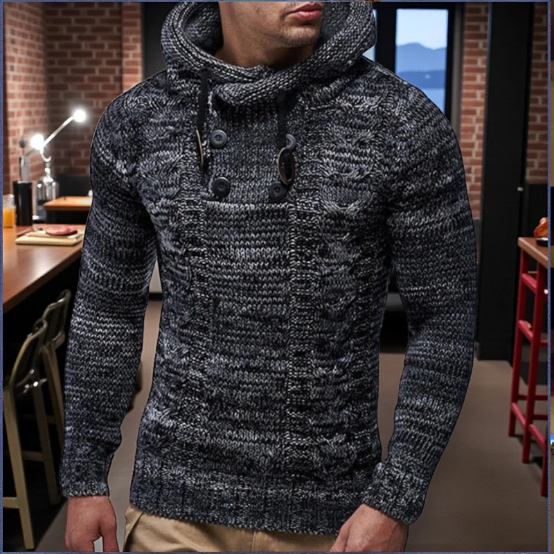 Sweat à capuche homme manches longues col montant à boutons - Image 4