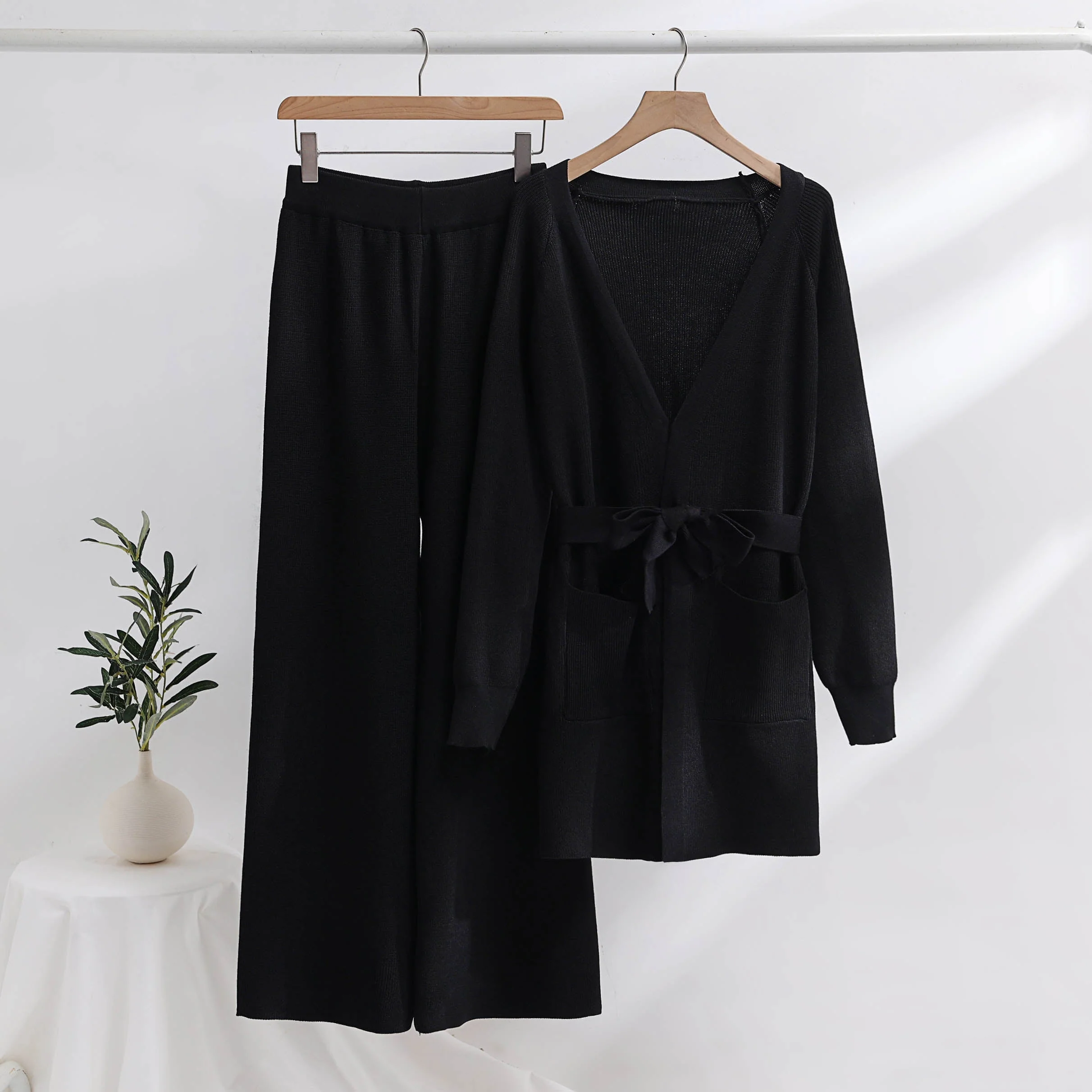 Ensemble loungewear femme cardigan long ceinturé + pantalon large - Image 3
