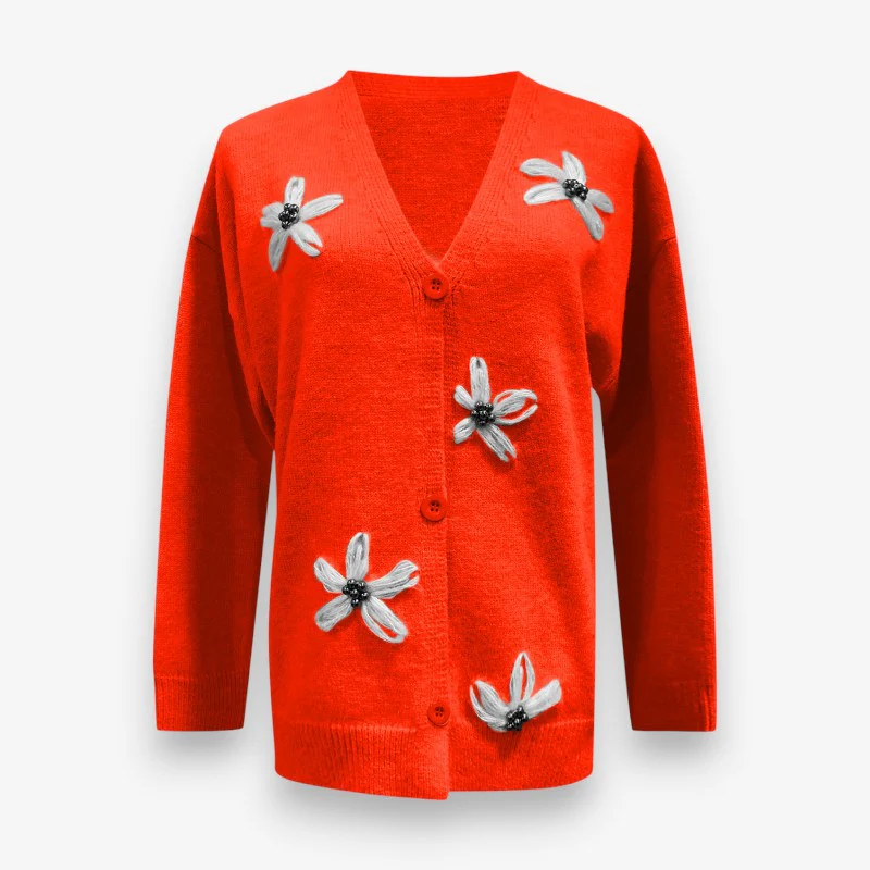 Elva – Pull à boutons à manches longues avec col en V et motif floral