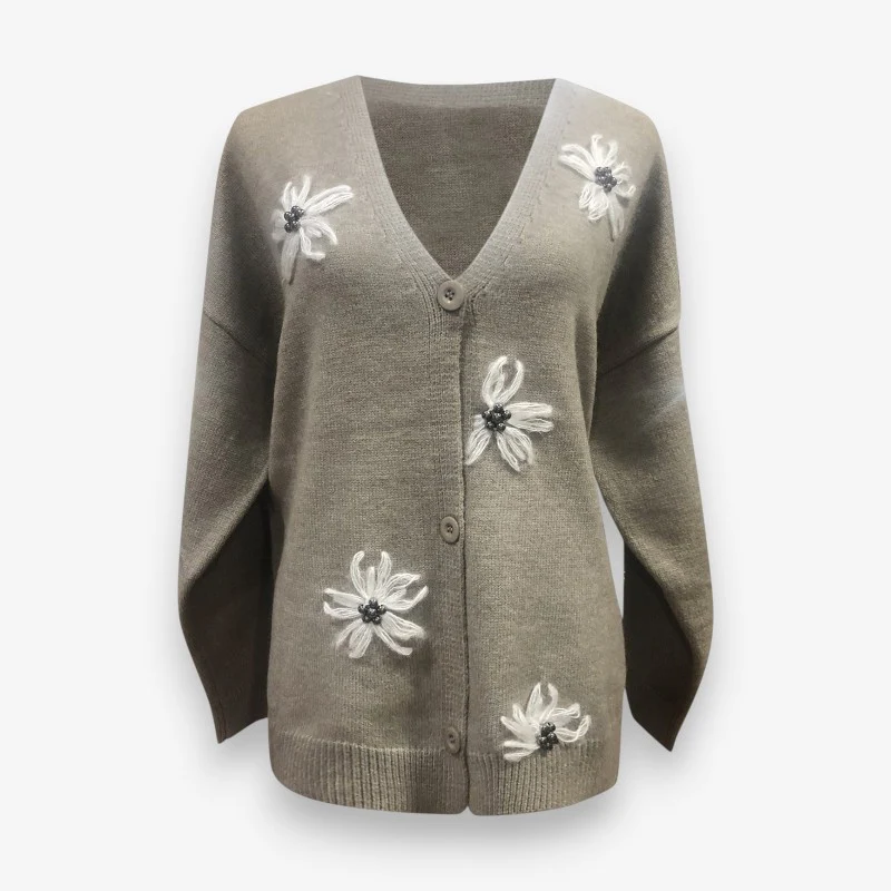 Elva – Pull à boutons à manches longues avec col en V et motif floral - Image 2