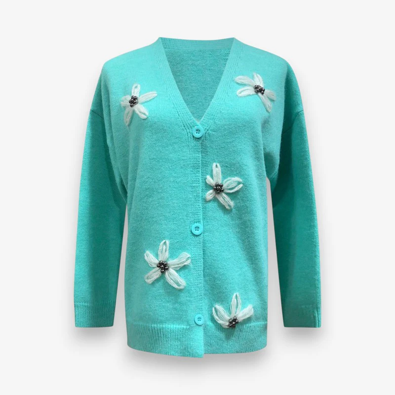 Elva – Pull à boutons à manches longues avec col en V et motif floral - Image 3