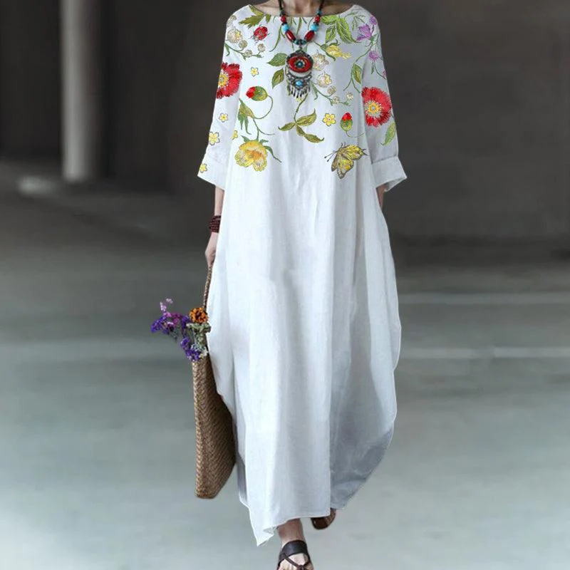 Robe Ember à imprimé floral vintage, avec poches et manches trois-quarts