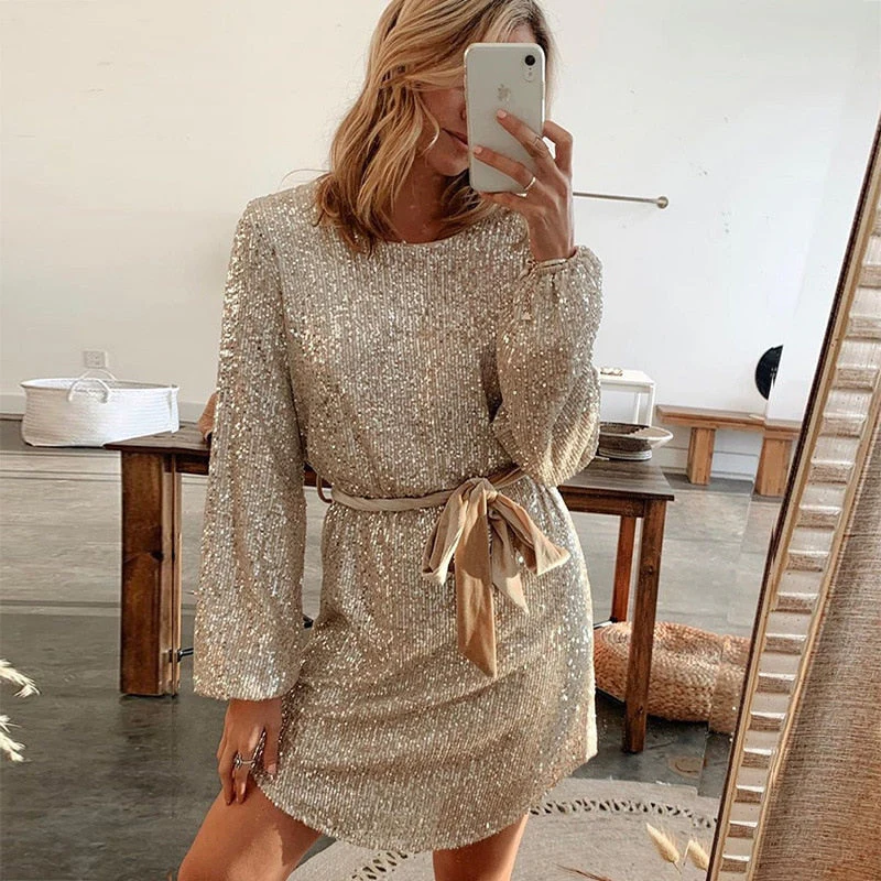 Robe femme manches longues avec ceinture taille