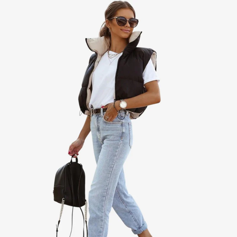 Veste femme courte sans manches col montant - Image 3