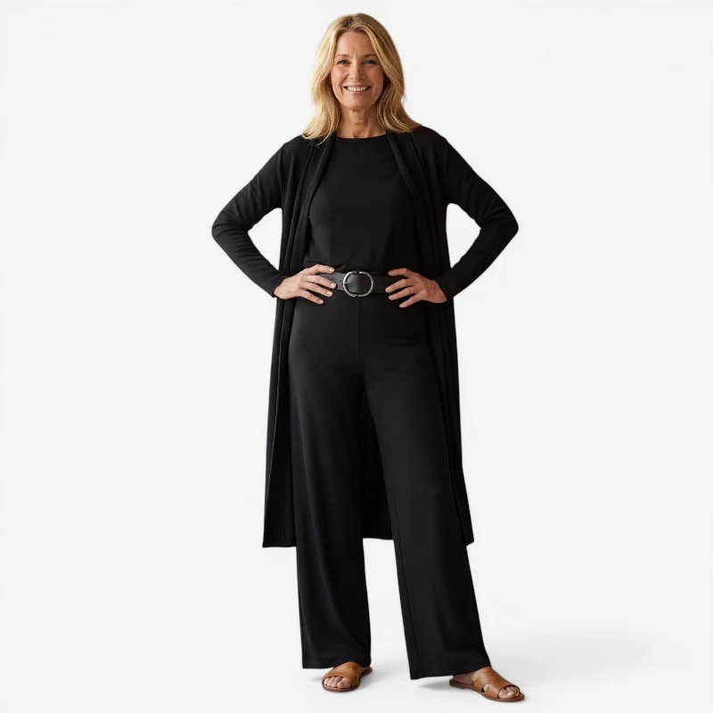 Ensemble 3 Pièces avec Long Cardigan Ouvert et Pantalon Ajusté