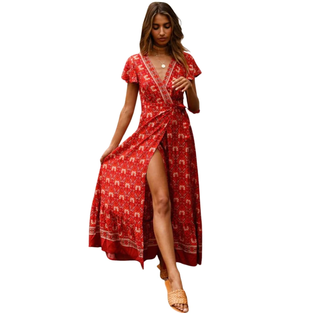 Robe à manches courtes imprimée col V avec fente latérale