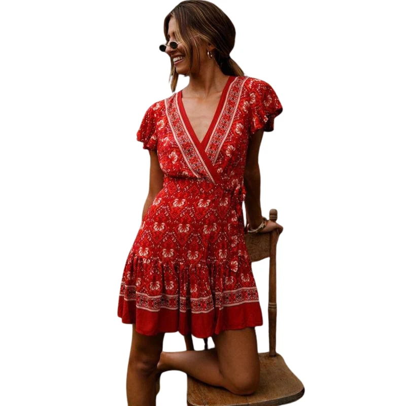 Robe mini imprimée à fleurs manches courtes col V