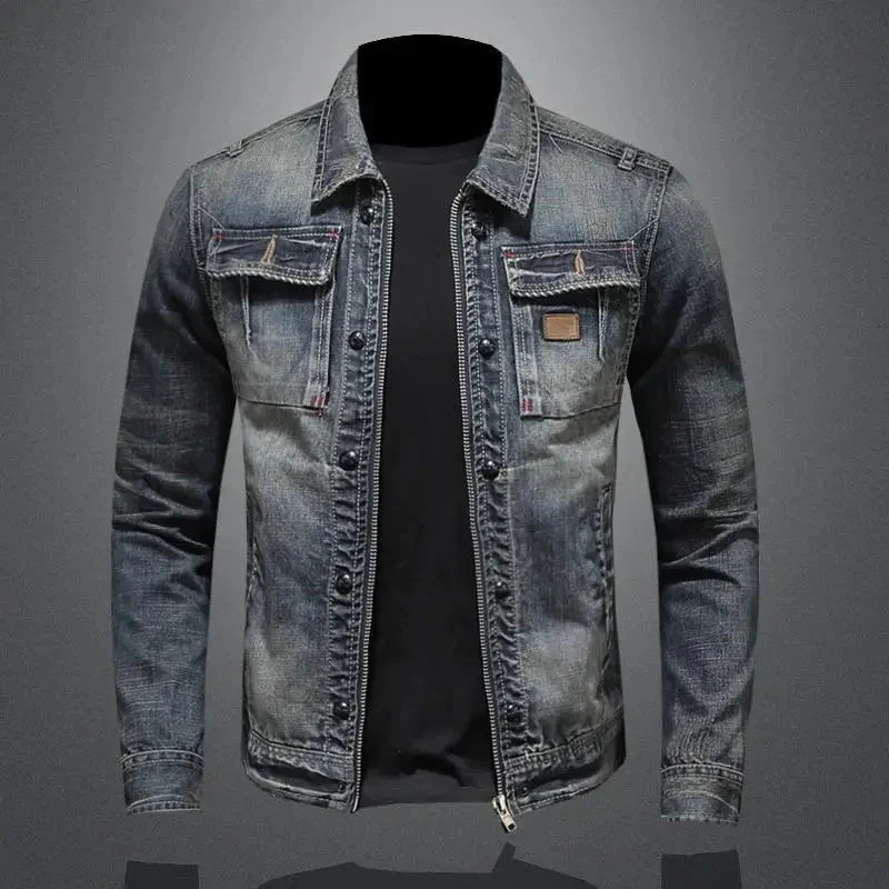 Veste en denim rétro à manches longues avec col montant