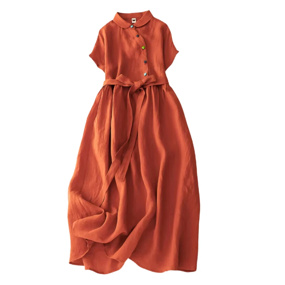 Robe Longue Ceinturée à Boutons avec Manches Courtes