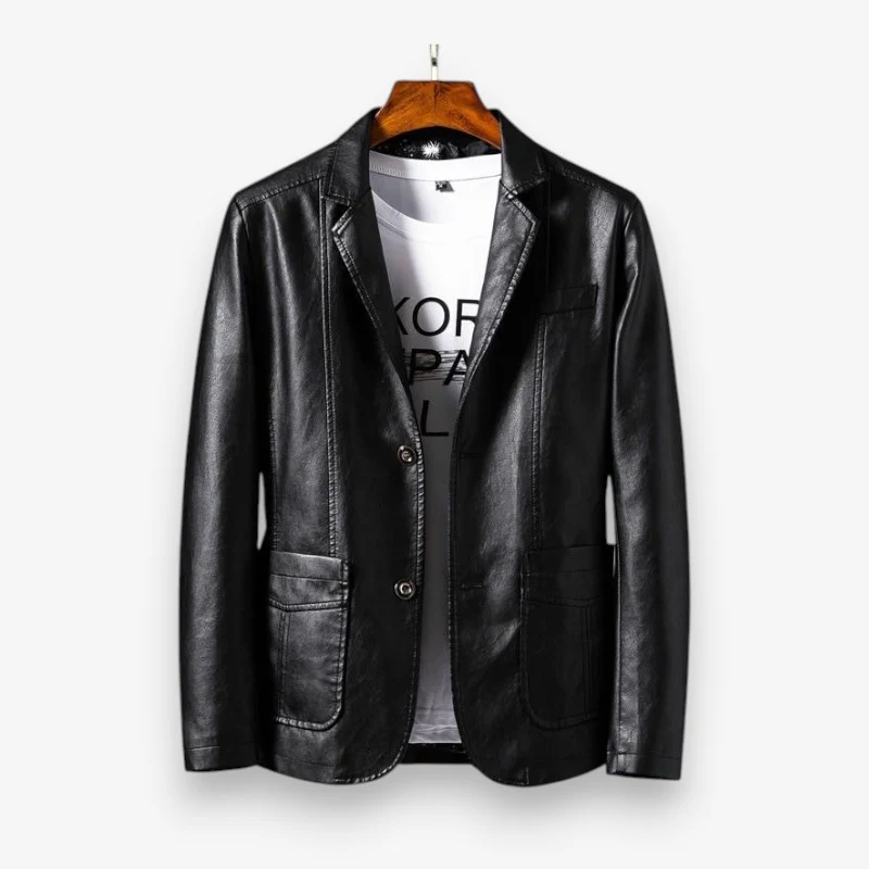 Veste en cuir manches longues col à revers boutonné
