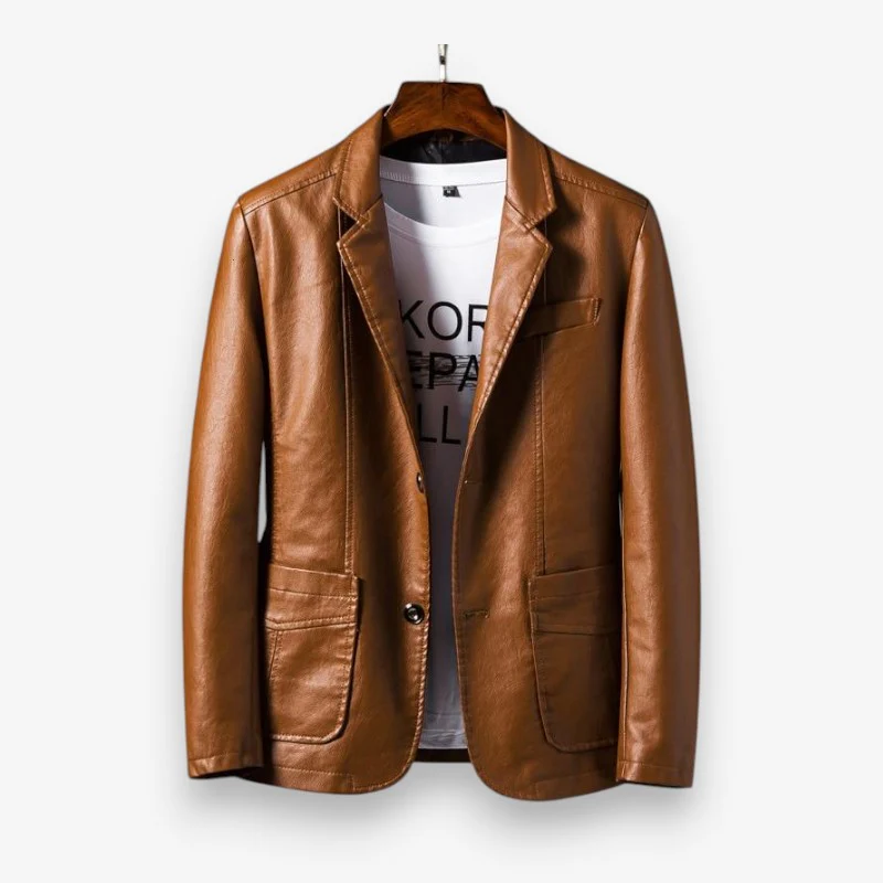Veste en cuir manches longues col à revers boutonné - Image 2