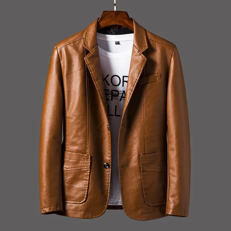 Veste en cuir manches longues col à revers boutonné - Image 4