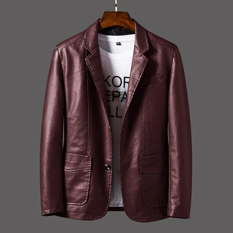 Veste en cuir manches longues col à revers boutonné - Image 5