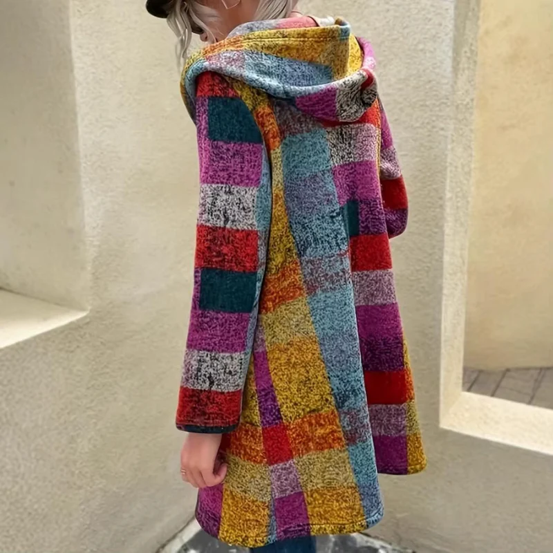 Manteau femme à capuche à carreaux manches longues avec poches - Image 7