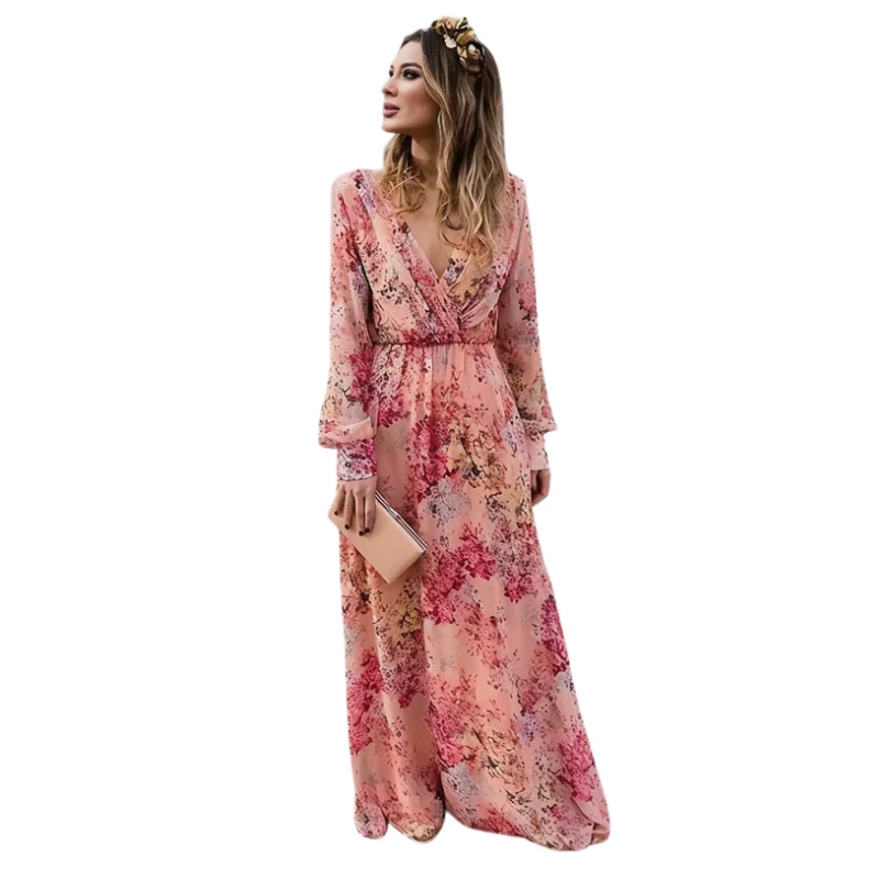 Robe à manches longues à imprimé floral avec décolleté en V