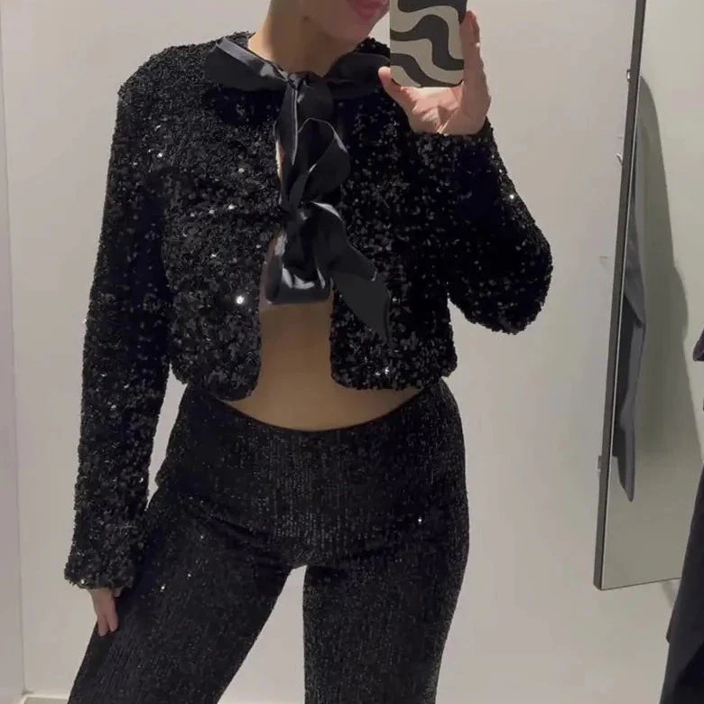 Veste à paillettes glamour avec nouage sur le devant - Image 3