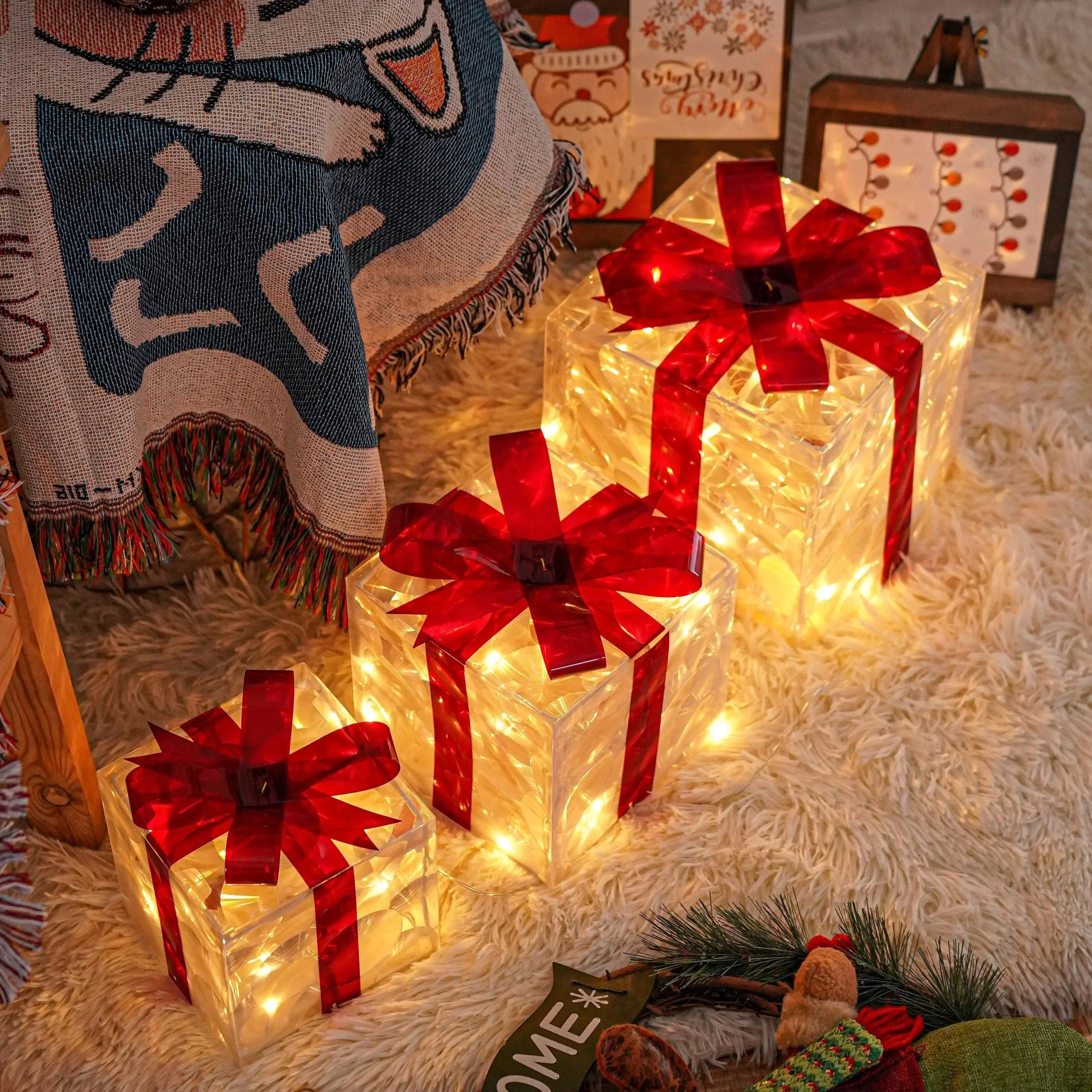 Coffrets cadeaux illuminés de Noël avec lumières LED blanc chaud - Image 2