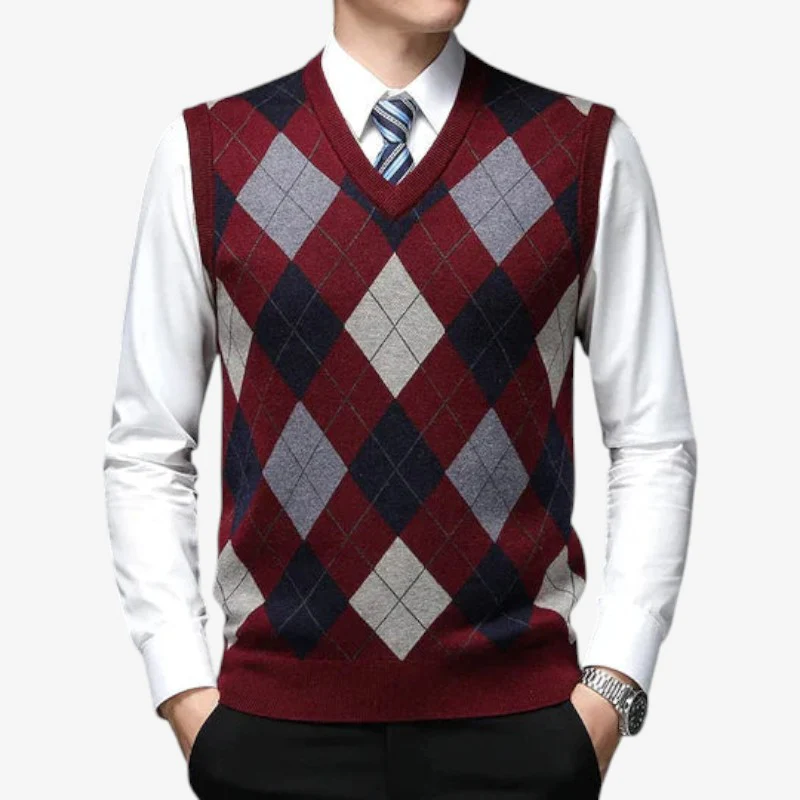 Pull sans manches homme col en V à carreaux - Image 3