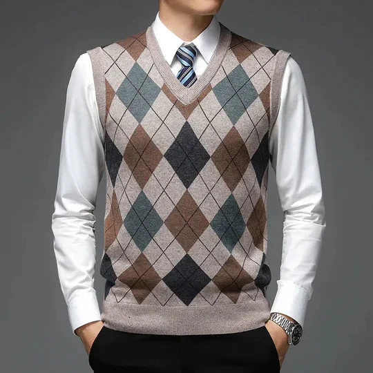 Pull sans manches homme col en V à carreaux - Image 6