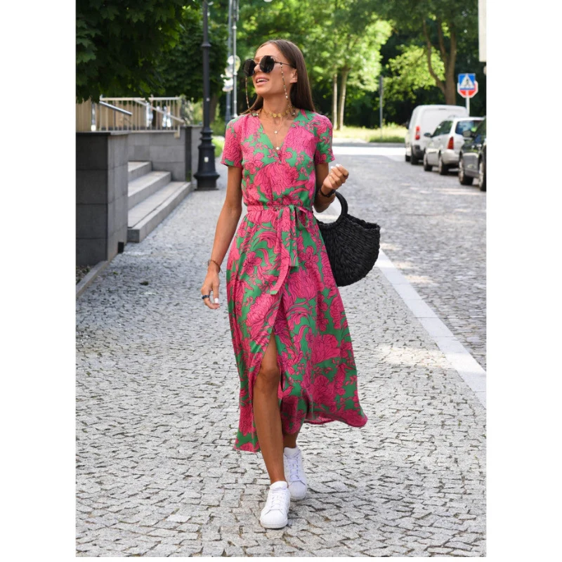 Robe longue femme imprimé floral décolleté en V manches courtes - Image 2