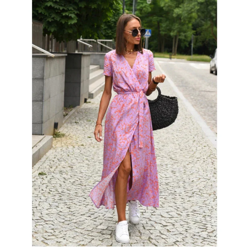 Robe longue femme imprimé floral décolleté en V manches courtes - Image 3