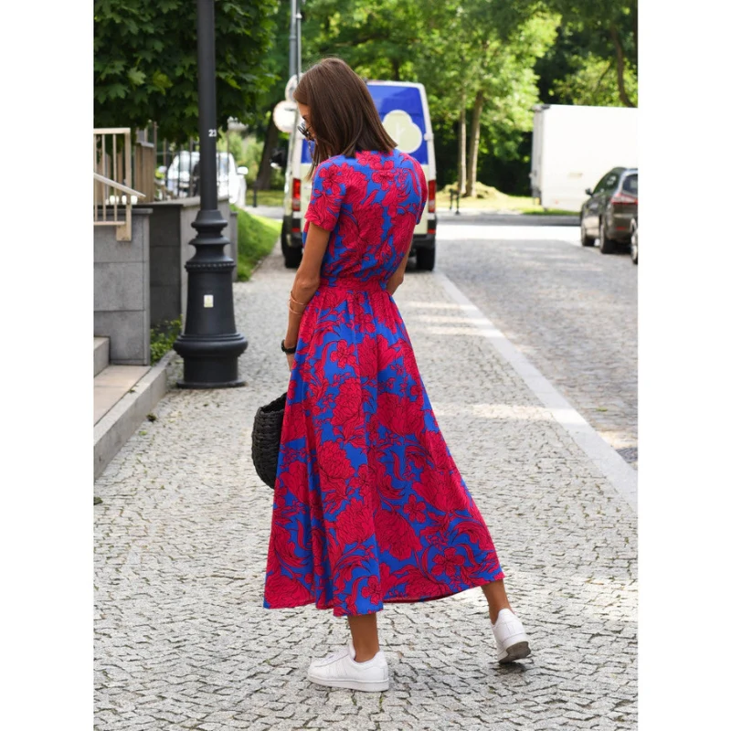 Robe longue femme imprimé floral décolleté en V manches courtes - Image 9