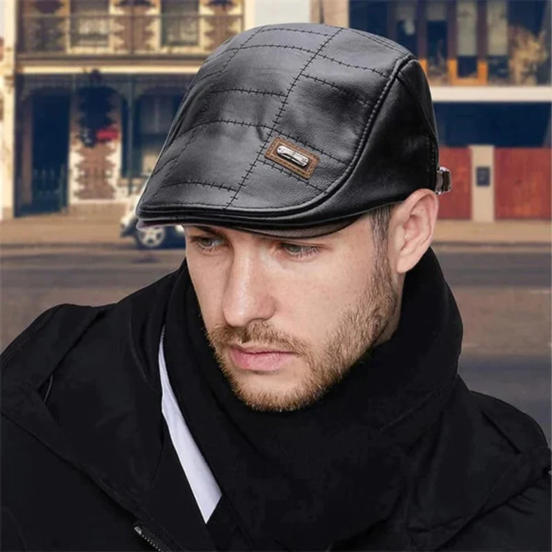 Casquette plate rétro style béret en cuir - Image 4