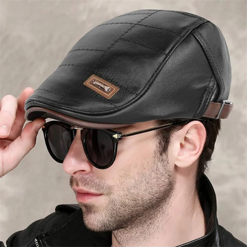 Casquette plate rétro style béret en cuir - Image 5