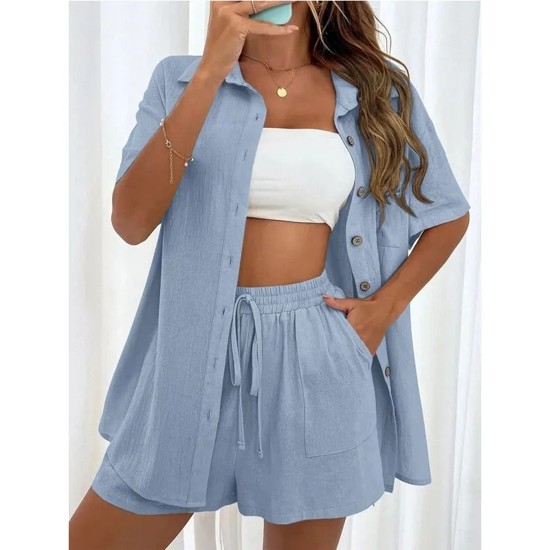 Ensemble deux pièces chemise boutonnée et short à cordon