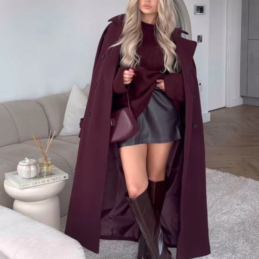 Manteau femme long à revers ceintur