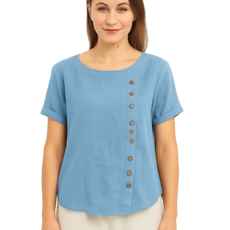 Blouse à manches courtes col rond avec boutons latéraux - Image 5