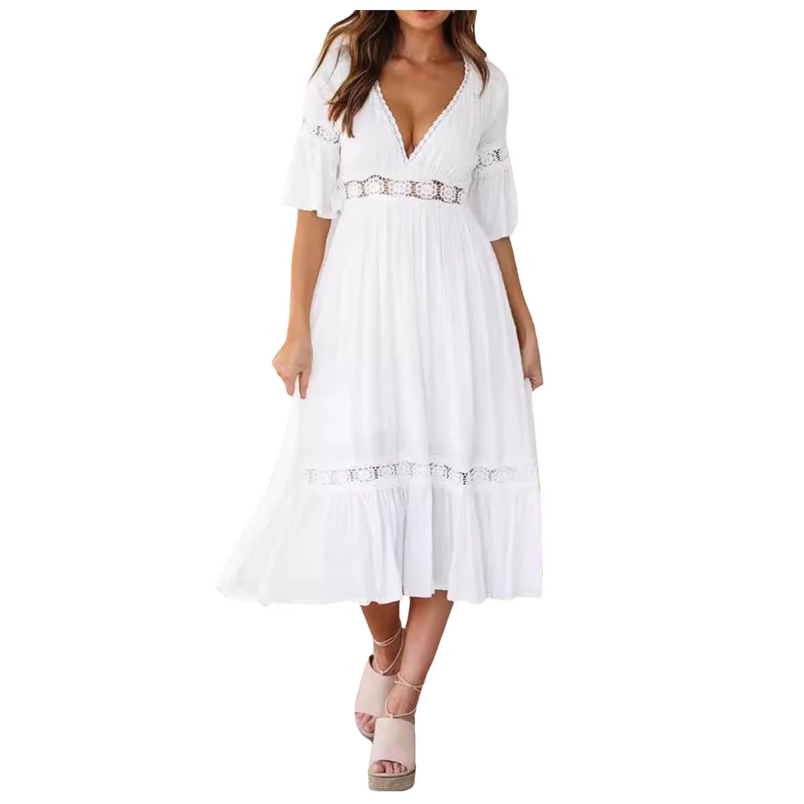 Robe midi moderne col V avec manches courtes évasées