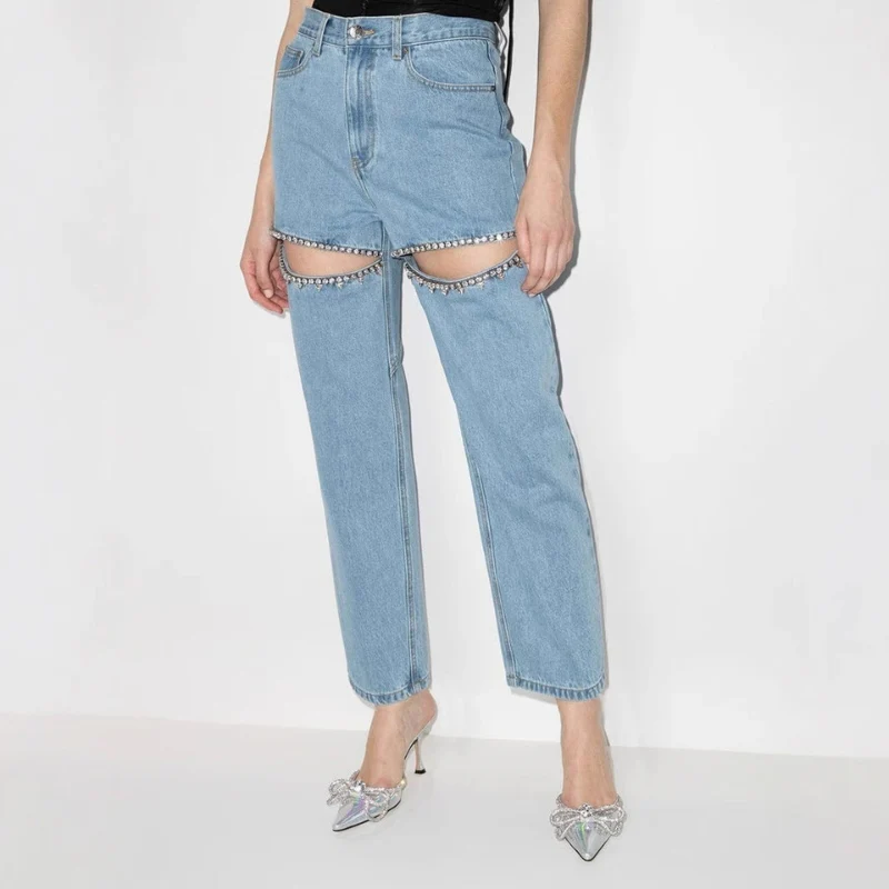 Jean femme taille haute coupe droite avec découpes urbaines - Image 2