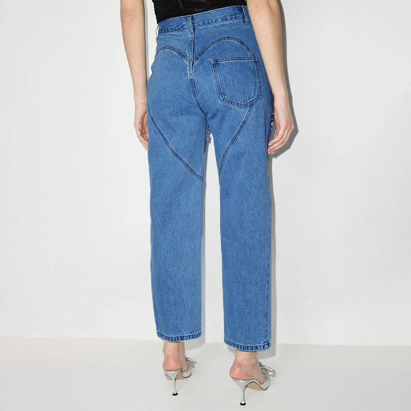 Jean femme taille haute coupe droite avec découpes urbaines - Image 3